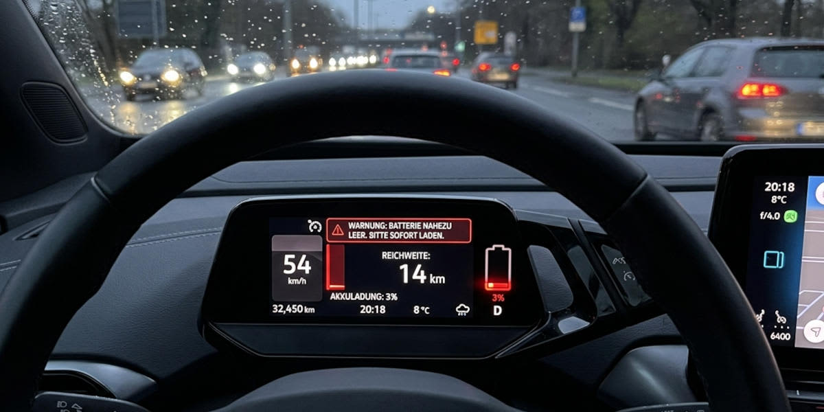 Blick aus dem Fahrerraum auf das digitale Cockpit mit Warnhinweis bei niedrigem Akkustand. (KI-generiert)