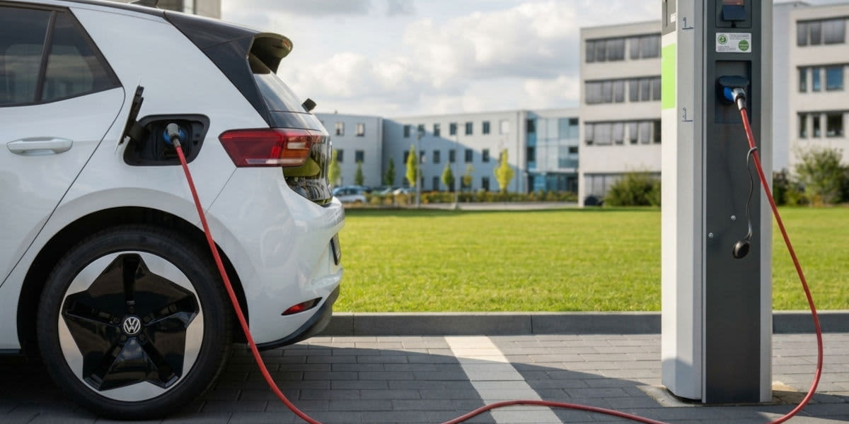 Ein weißer VW ID.3 lädt an einer Ladesäule auf einem Parkplatz. Ein rotes Ladekabel verbindet das Heck des Elektroautos mit der Station.    (KI-generiert)