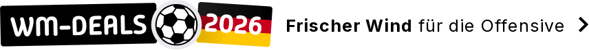 Das Banner zeigt rechts das Logo "WM-DEALS", einen Fußball und eine Deutschlandfahne mit der Jahreszahl 2026. Daneben steht: "Jetzt wird's stürmisch: Frischer Wind für die Offensive".