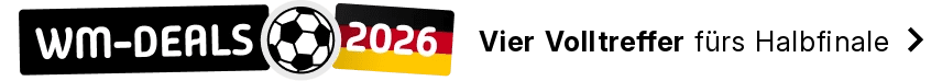 Das Banner zeigt rechts das Logo "WM-DEALS", einen Fußball und eine Deutschlandfahne mit der Jahreszahl 2026. Daneben steht: "Vier Volltreffer fürs Halbfinale".